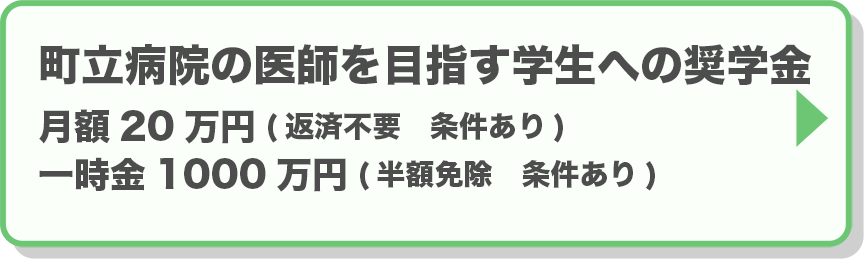 町立病院の医師を目指す学生への奨学金：月額20万円（返済不要 条件あり）、一時金1000万円（半額免除 条件あり）